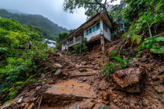 Damaged house on steep muddy slope, aftermath of a landslide