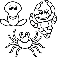 Cartoon crab and lobster making peace sign, octopus waving, starfish smiling, line art icon, white background.