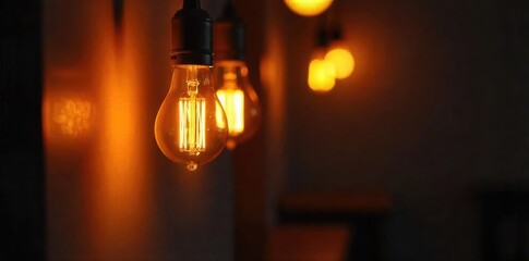 Warm, glowing light bulbs illuminating a dark room, creating a cozy and inviting atmosphere Perfect for home decor, interior design, and energy efficiency themes , darkness, room, energy