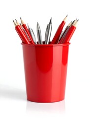 Red cup with pens and pencils