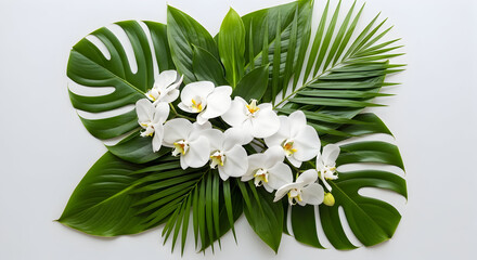 White Orchid Flowers with Green Tropical Leaves on Clean Background