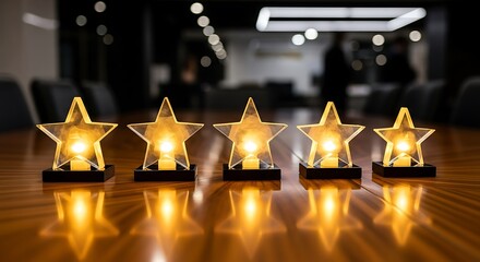 Five glowing star awards on a table.