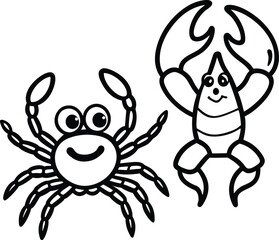 Cartoon crab, lobster, in hand-drawn sticker icon style, bold colourful line art, white background