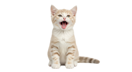Isolated yawning kitten with open mouth in studio shot of young cat with light fur color