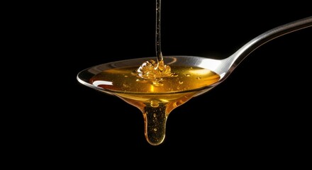 Thick, golden honey pours into a silver spoon, with a luscious drop falling, captured against a dramatic black background, highlighting its rich te...