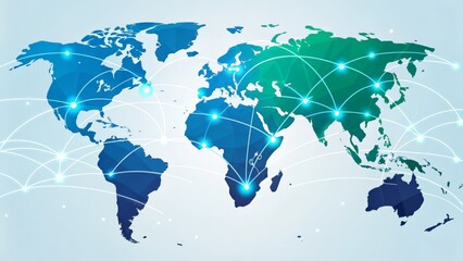 stylized digital global network connecting continents on a vibrant world map