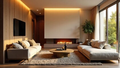Fototapeta premium Cozy Minimalist Living Room Soft Lighting, Comfortable Furniture, and Hygge Atmosphere Perfect for Relaxation