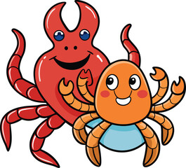 Cartoon crab hugging octopus, lobster and starfish, simple doodle icon, colourful outline, flat vector style, white background.