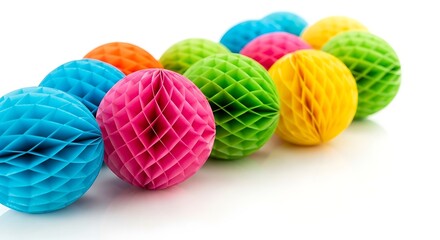 Colorful Paper Honeycomb Balls on White Background.