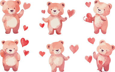 Obraz premium Two adorable watercolor teddy bears holding heart shapes surrounded by many red and pink hearts for valentines day