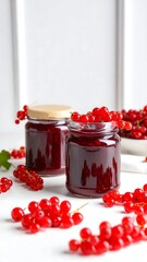 Red currant jam in glass jars, scattered berries