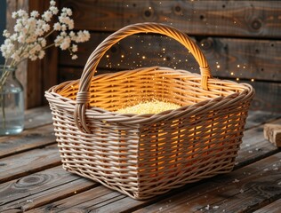 Obraz premium Wicker basket glowing with fairy dust on rustic wooden table