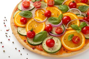 Deliciously vibrant and colorful fresh vegetable and fruit pizza appetizingly arranged