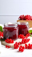 Red currant jam in glass jars.  Fresh berries