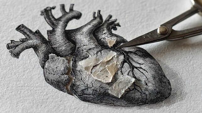 Anatomical heart model being examined with tweezers isolated on white background