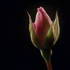 A close-up of a rose bud slowly opening