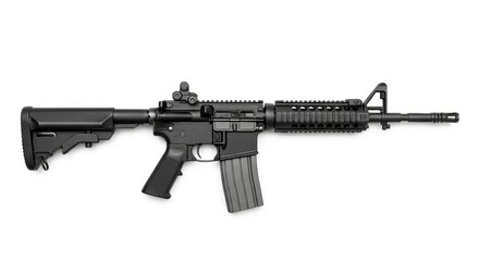 Modern black assault rifle, an M4 variant, isolated on a clean white background. Studio shot of a powerful firearm.