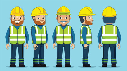 Diverse construction worker characters wearing safety vests and hard hats, perfect for training materials, safety campaigns, and infrastructure projects