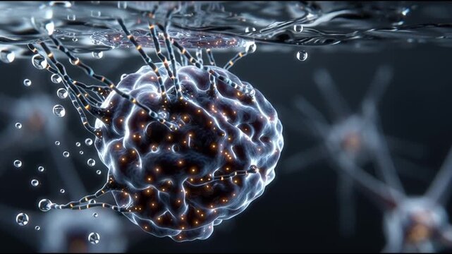 Organoids. Miniature Lab-Grown Organs. Biotech. Regenerative medicine. Organ modeling. Stem cell research. A digital rendering of a brain submerged in water.