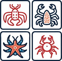 Crab, lobster, octopus, starfish arranged in square icon, simple colorful outline, flat vector art, white background.