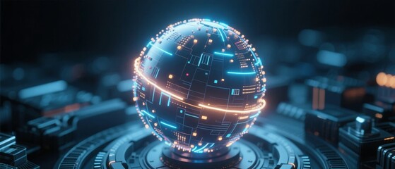 A futuristic glowing sphere with circuit-like patterns, illuminated by blue and orange lights, set on a high-tech platform in a digital environment.