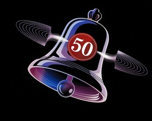 3D Futuristic Notification Bell with Red 50 Alert Sign for Social Media, Smartphone, and Digital Interface Concept