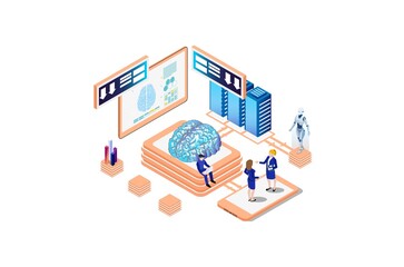 Isometric technology artificial intelligence robot learning illustration, Web Banner, Suitable for Diagrams, Infographics, Book Illustrations, Game Assets and Other Graphic Related Assets