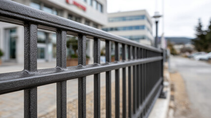 Close-up of a metal fence with urban buildings in the background.