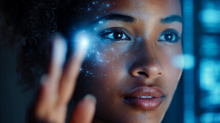 Futuristic technology concept, Afro-American woman interacting with digital holographic interface, close up face and glowing blue virtual HUD screen, innovation, artificial intelligence, cyber future