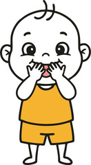 Playful Baby in Yellow Outfit Covering Mouth with Hands