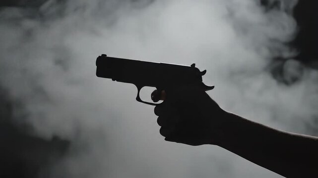 Dramatic smoke billows around a silhouetted handgun, suggesting action, suspense, and a moment of intense consequence in this dynamic video scene.