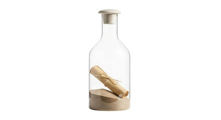Isolated message in bottle with cork, sand and scroll tied with string for pirate stories