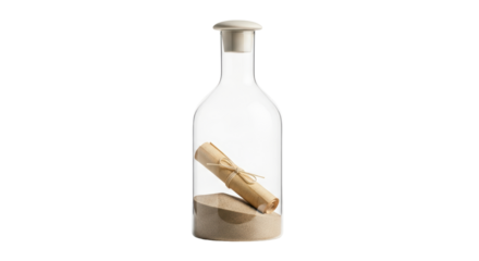 Isolated message in bottle with cork, sand and scroll tied with string for pirate stories