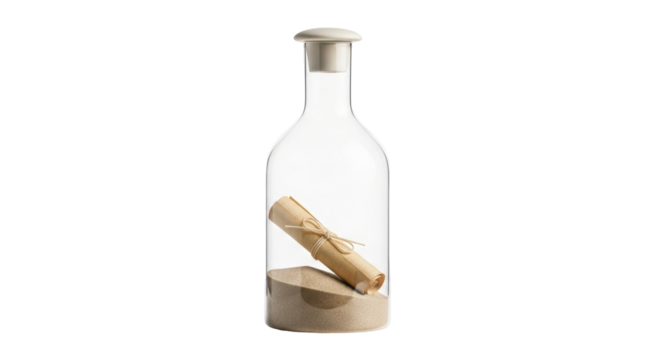 Isolated message in bottle with cork, sand and scroll tied with string for pirate stories