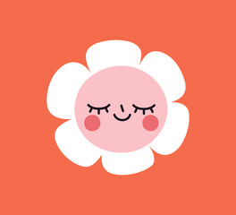 Daisy flower with cute face, calm peaceful emoji. Adorable kawaii camomile bloom with happy cheerful emotion, peace and smiling expression. Floral character with red cheeks. Flat vector illustration
