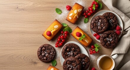 Delicious assortment of chocolate chip cookies, financier cakes with berries and almonds, and a cup of coffee on a wooden table. Perfect for a swee...