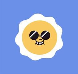 Happy flower face in sunglasses. Smiling daisy, cute emoji, floral character. Sunny camomile with cheerful joyful funny emotion, optimistic expression, summer mood. Flat vector illustration
