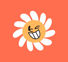 Happy daisy laughing. Cute funny groovy style flower. Smiling floral character, grinning with teeth. Funky retro hippie chamomile winking, positive emotion, face expression. Flat vector illustration