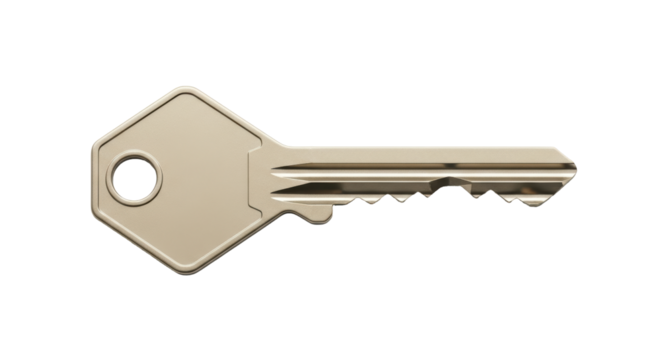 Isolated metal key, used to open, unlocking, or securing objects, golden design object, tool