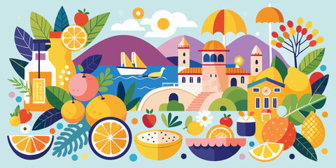 Colorful Mediterranean Village Scene With Fruits and Sea