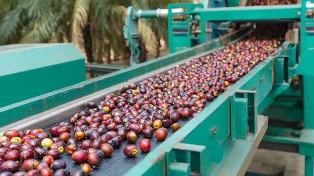 Fresh Palm Fruits Traveling on a Conveyor Belt at a Processing Plant.
