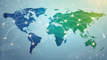 world map with a digital network overlay, depicting global connections and data exchange for concepts of telecommunications, international business, and technology