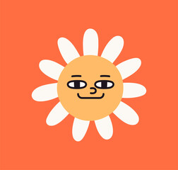 Cute flower with smiling face. Happy kawaii camomile emoji, funny daisy character with petals and cheerful face expression. Adorable sunny chamomile. Kids childish flat vector illustration