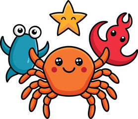 Cute cartoon crab, lobster, octopus, starfish together in minimalist line art icon, vibrant colors, white background.