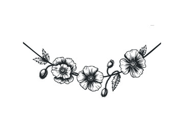 Black and white sketchy floral sprig with poppy flowers and buds. Vector hand drawn illustration