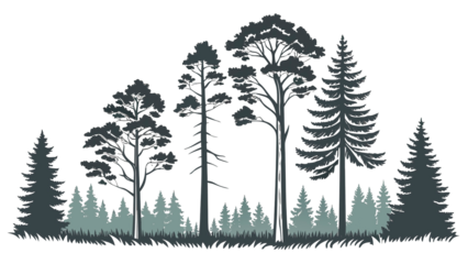 Pine tree silhouette flat, simple cartoon clipart, transparent background png.
