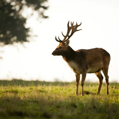 Fototapeta premium A majestic fallow deer with large antlers standing in a grassy field