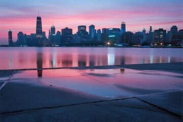 Beautiful city skyline at twilight with water reflection