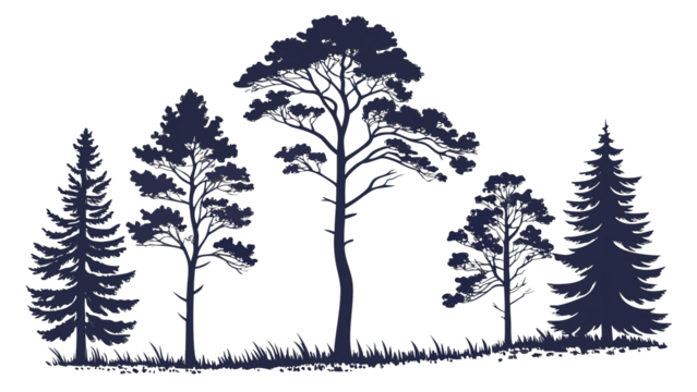 Silhouette pine tree cartoon flat, simple minimal style, isolated background png.