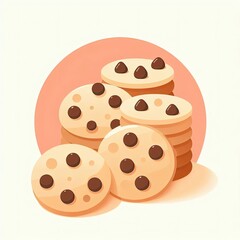 Fototapeta premium Minimalist flat vector illustration of homemade cookies in pastel colors, simple and modern design with chocolate chip details, perfect for icons, clipart, or celebrating National Homemade Cookies Day